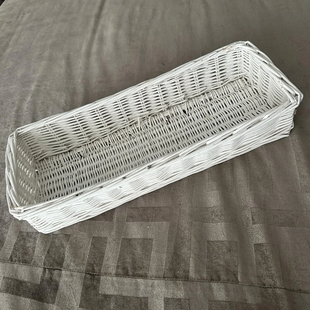 White Wicker Rectangular Basket 17 Inch Farmhouse Table Centerpiece Organizer